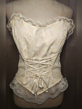Victorian Edwardian Aesthetic Ivory Lace Corset w Lace Up Front & Smocked Back.